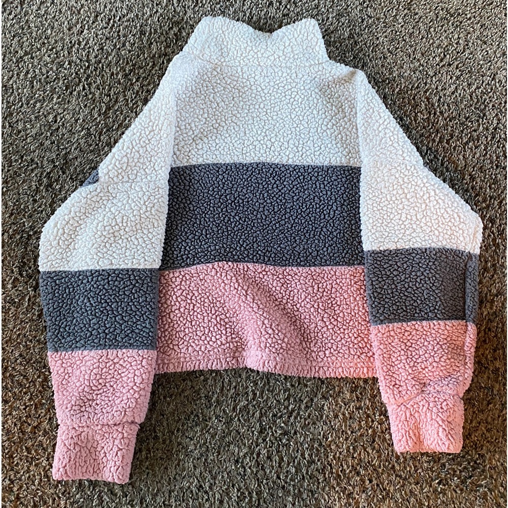 White, grey, and pink sherpa turtle neck cropped sweater.